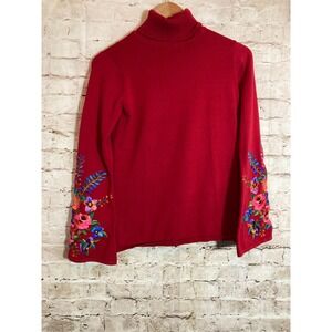 Linea Lightweight Sweater XS Cherry Red Floral Embroidered Sleeves Turtleneck